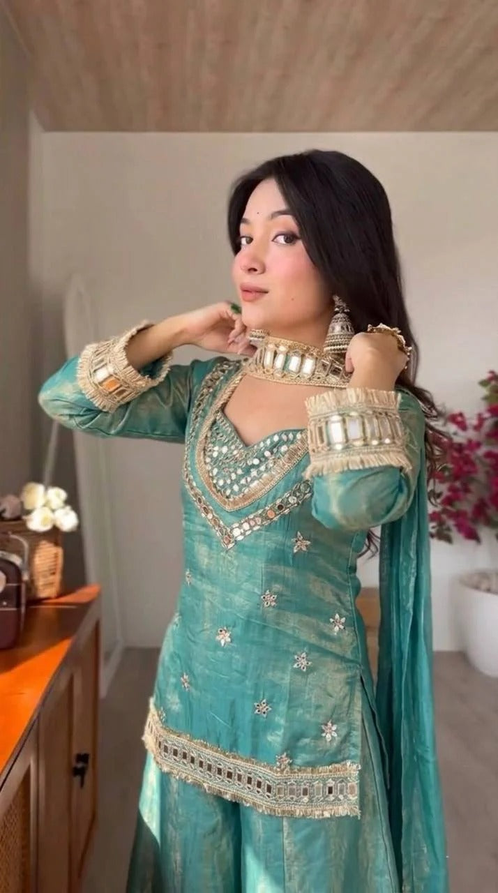 Royal Orange Mirror Work Sharara Set For Women