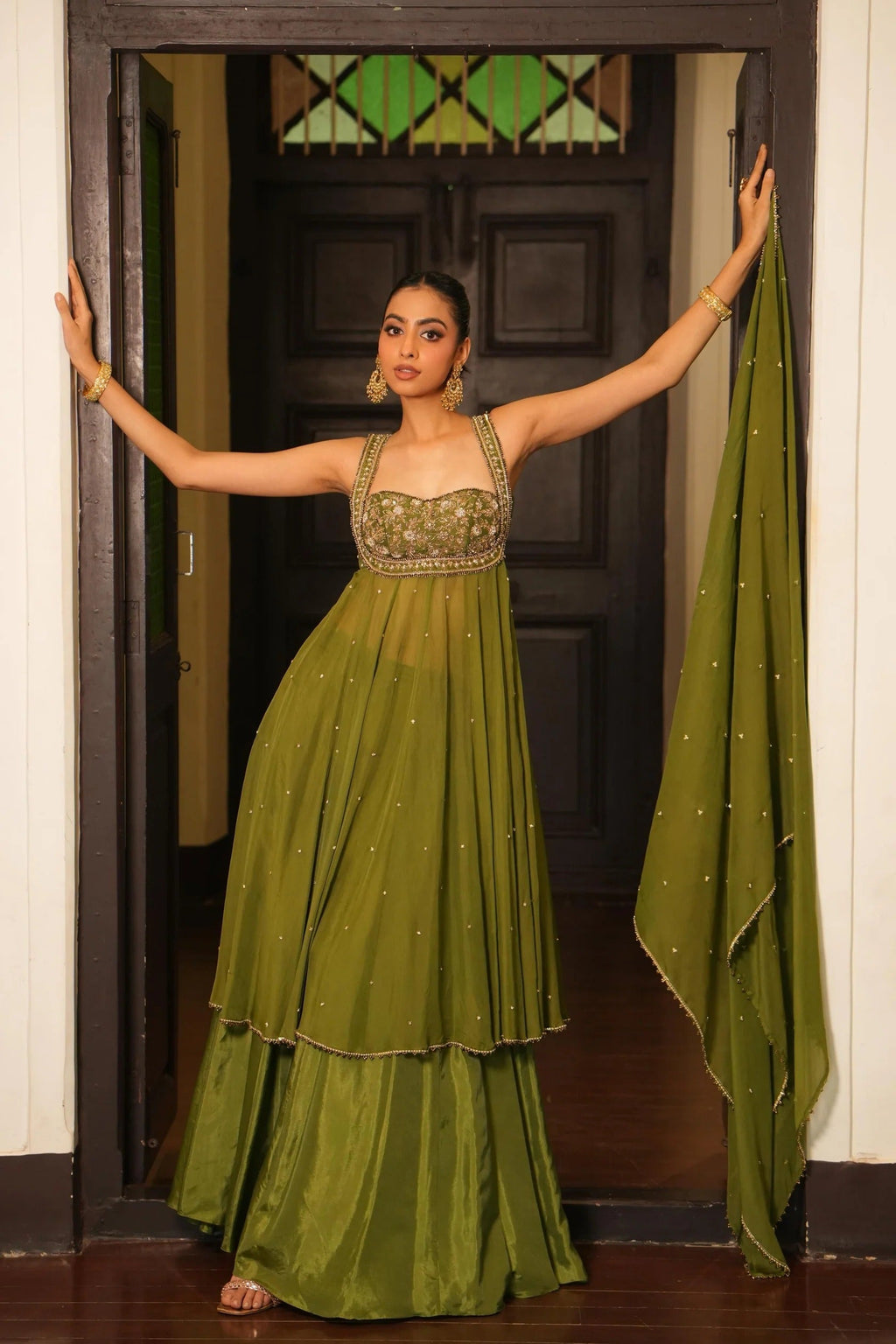 Wedding & Party Wear Mint Mehendi Green Anarkali With Sharara Set For Women Mint Mehendi
