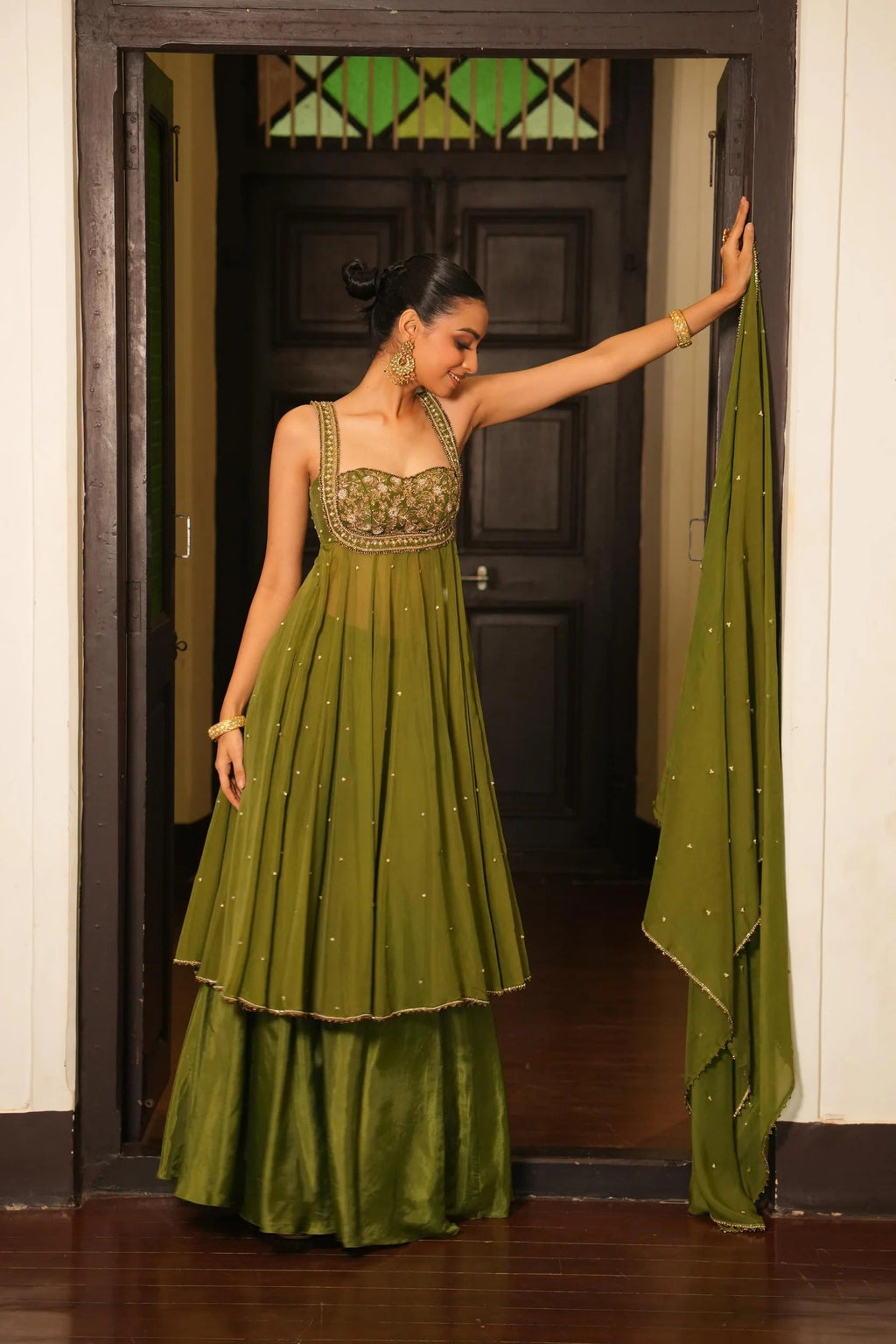 Wedding & Party Wear Mint Mehendi Green Anarkali With Sharara Set For Women Mint Mehendi