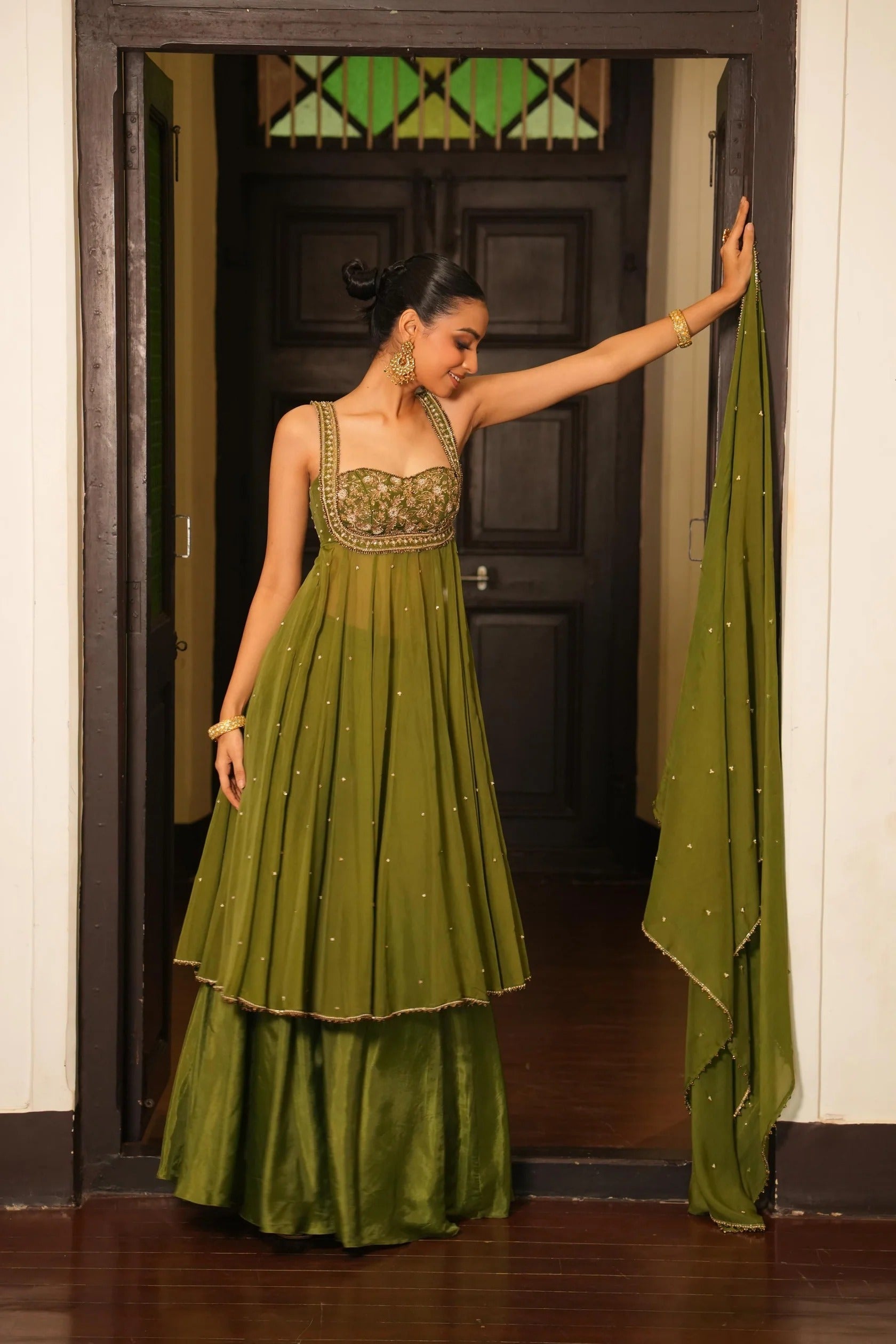Wedding & Party Wear Mint Mehendi Green Anarkali With Sharara Set For Women Mint Mehendi