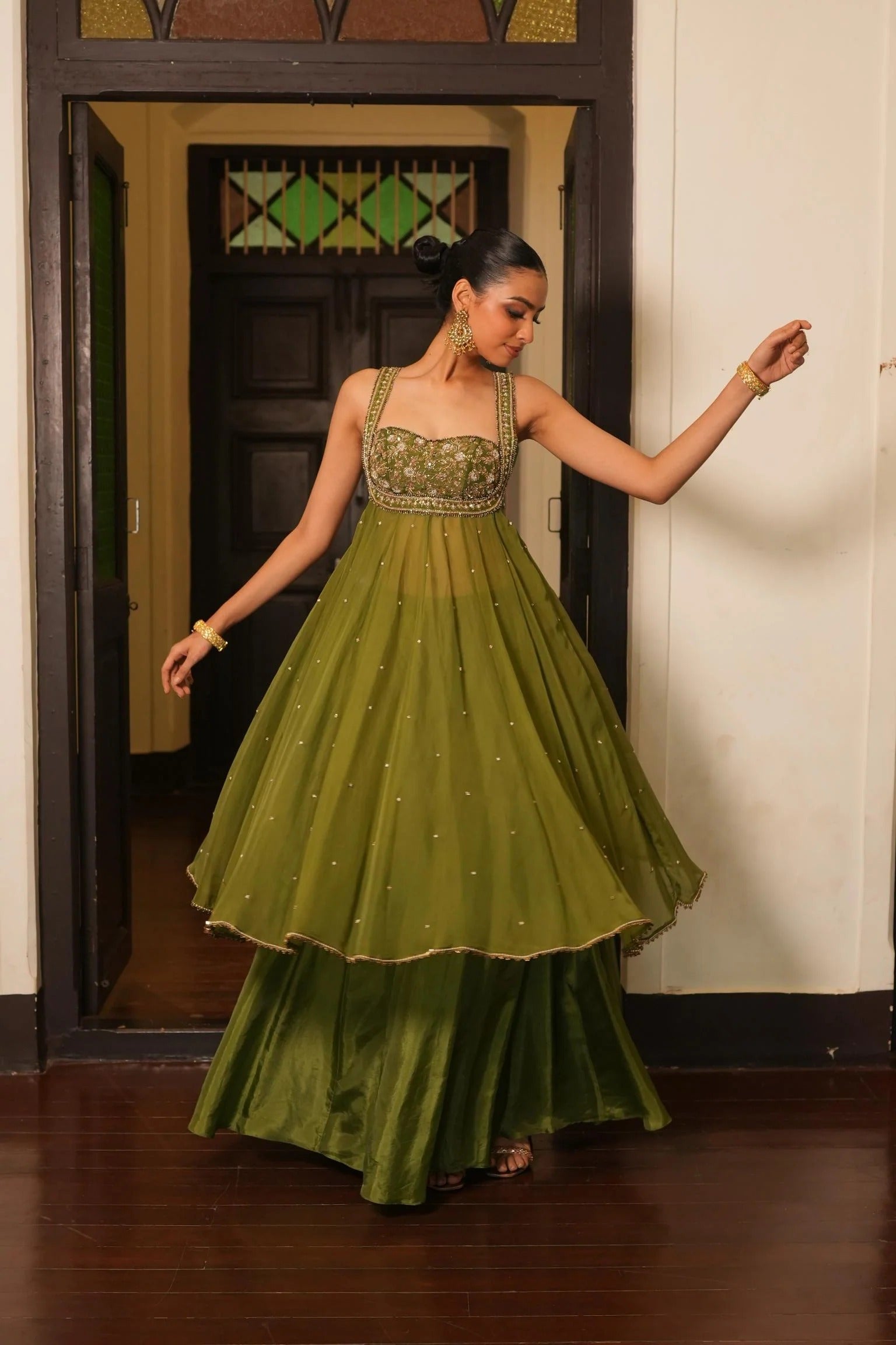 Wedding & Party Wear Mint Mehendi Green Anarkali With Sharara Set For Women Mint Mehendi