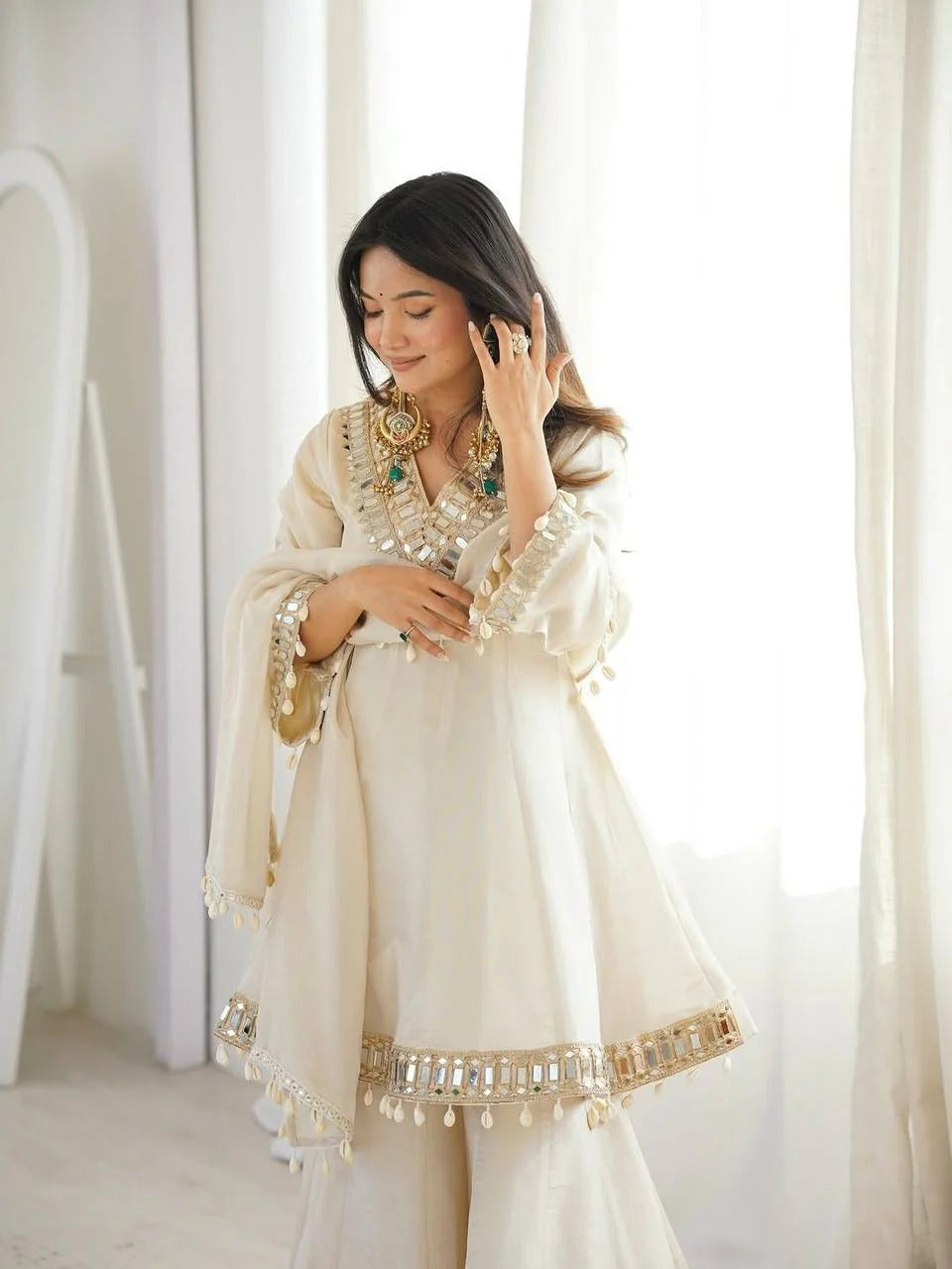 Elegant Mirror Work Sharara Suit Set with Dupatta