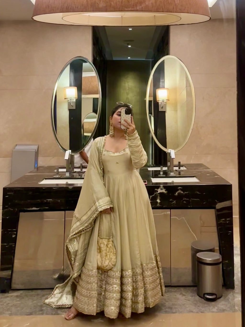 Neha’s Beige Dress Festive Anarkali Suit Set For Wedding & Diwali Outfit