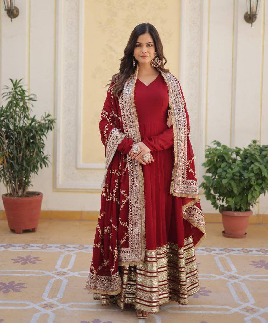 Majestic Maroon Faux Georgette Sequins Embroidered Designer Gown - Ethnicwish