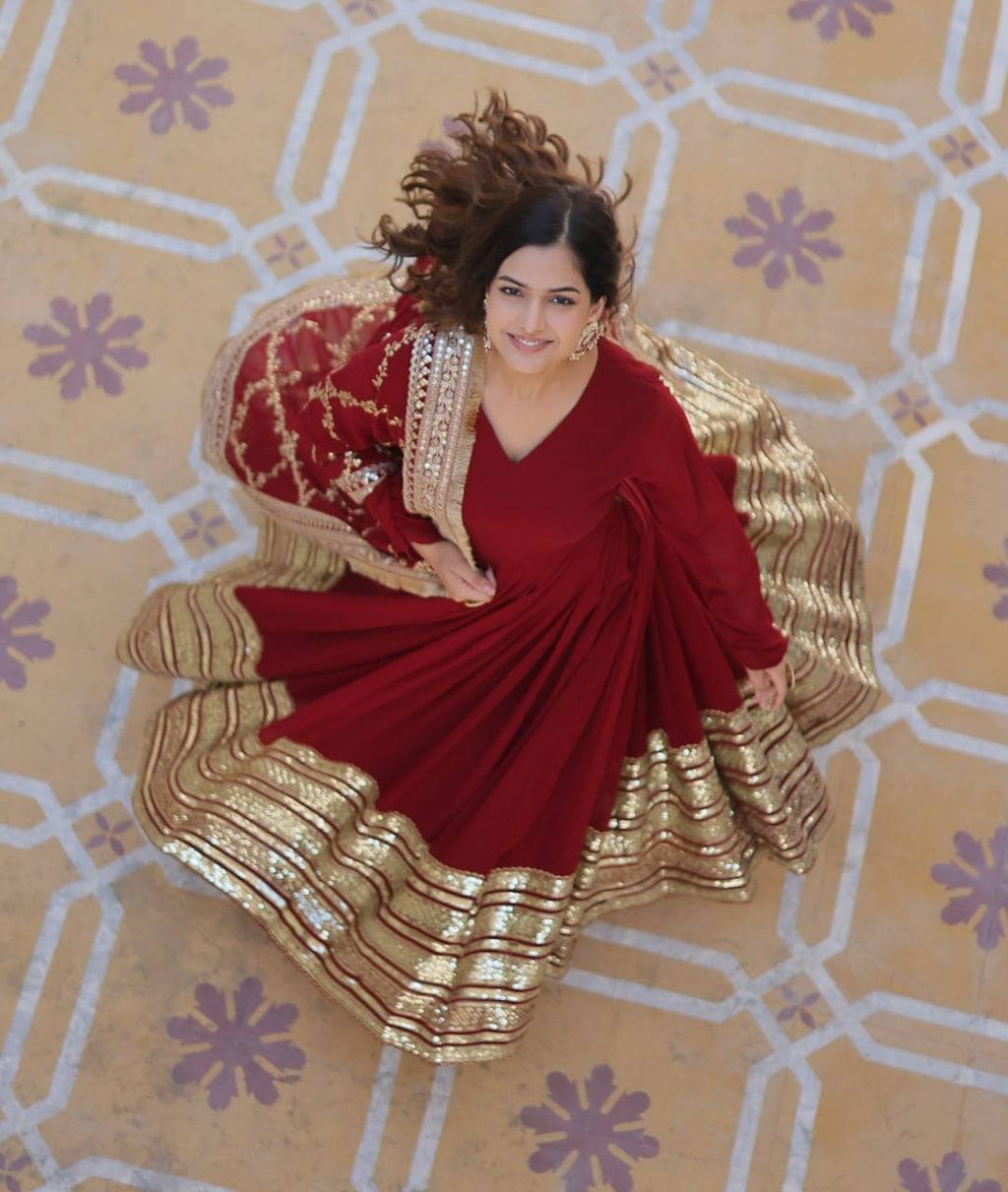 Majestic Maroon Faux Georgette Sequins Embroidered Designer Gown - Ethnicwish