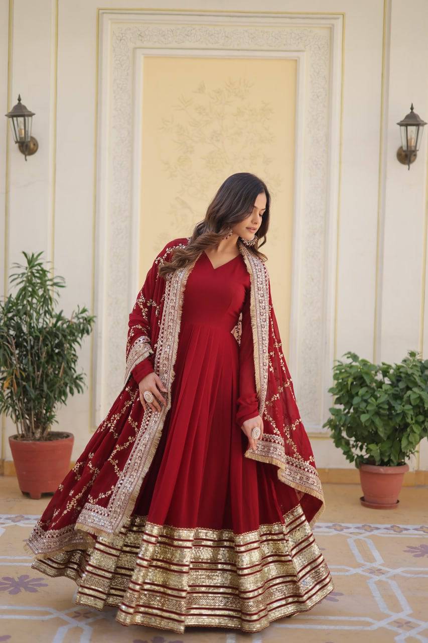 Majestic Maroon Faux Georgette Sequins Embroidered Designer Gown - Ethnicwish