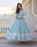 Spellbinding Sky Blue Faux Georgette Thread Sequins Worked Gown - Ethnicwish