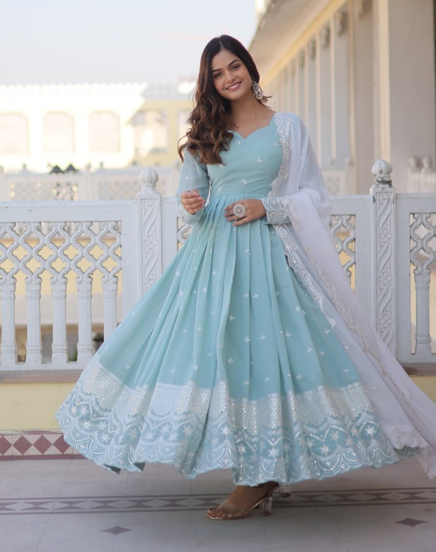 Spellbinding Sky Blue Faux Georgette Thread Sequins Worked Gown - Ethnicwish