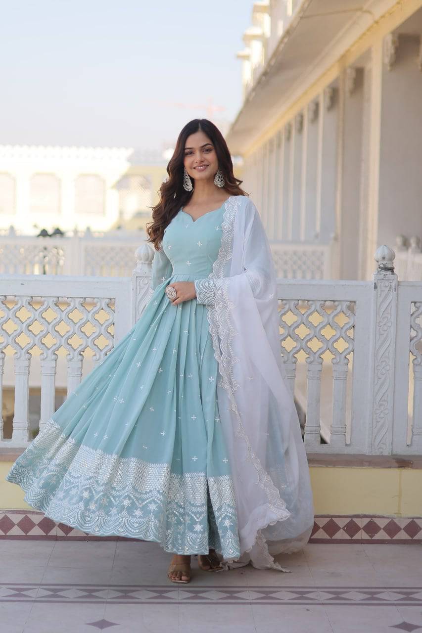 Spellbinding Sky Blue Faux Georgette Thread Sequins Worked Gown - Ethnicwish