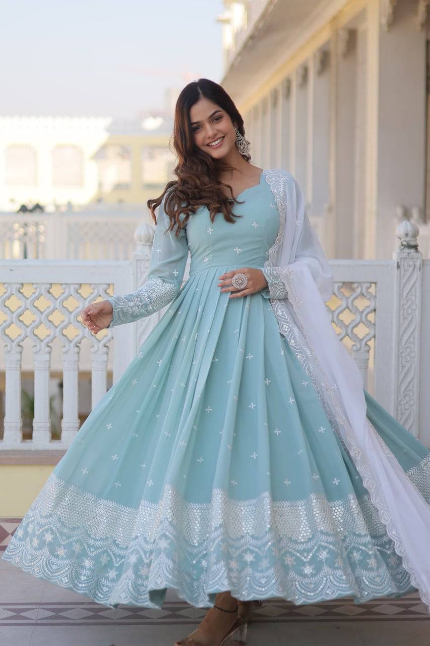 Spellbinding Sky Blue Faux Georgette Thread Sequins Worked Gown - Ethnicwish