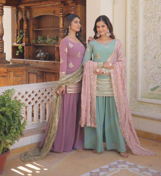 Dazzling Faux Georgette Sequins Embroidered Top Palazzo Suit - Ethnicwish