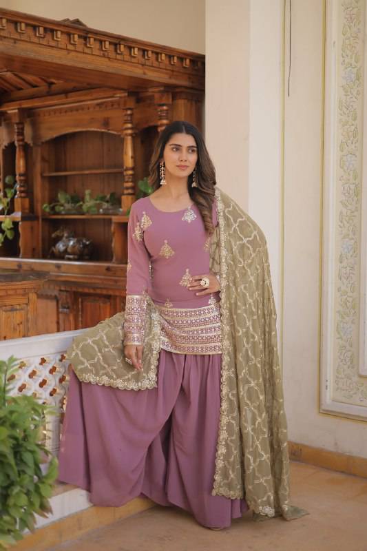 Dazzling Faux Georgette Sequins Embroidered Top Palazzo Suit - Ethnicwish