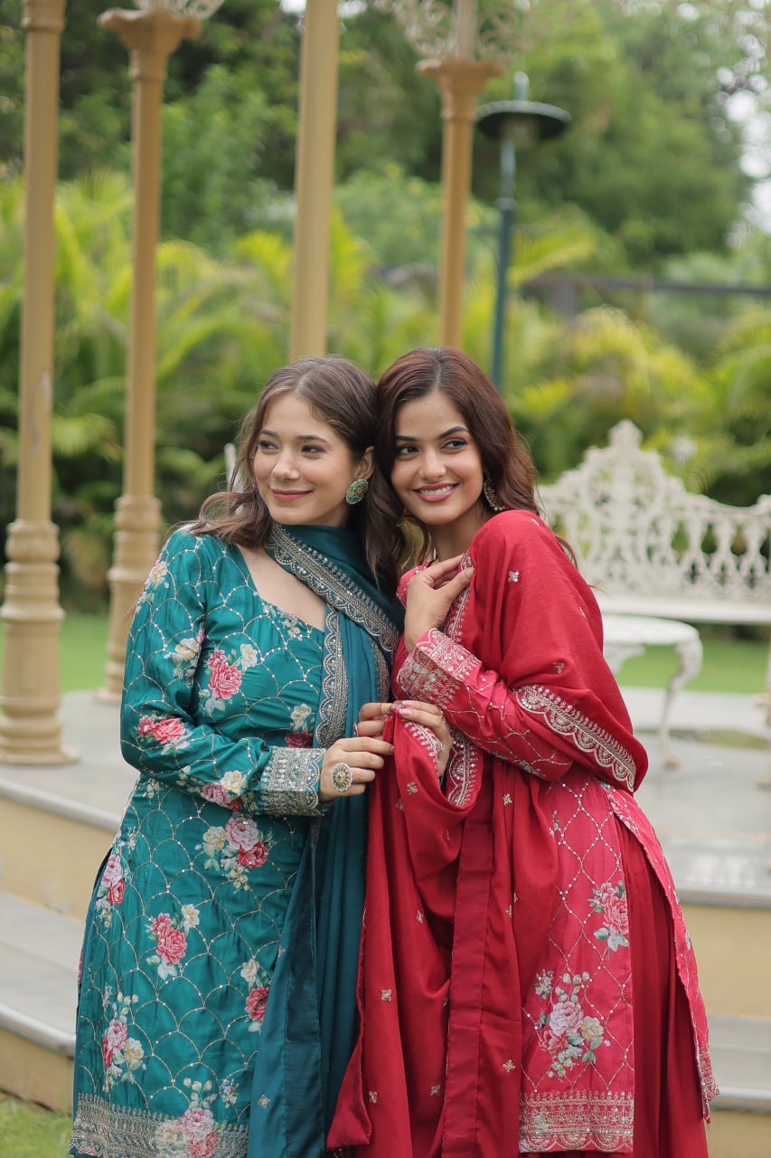 Lovely Chinon Printed Sequins Thread Worked Top Palazzo Suit - Ethnicwish