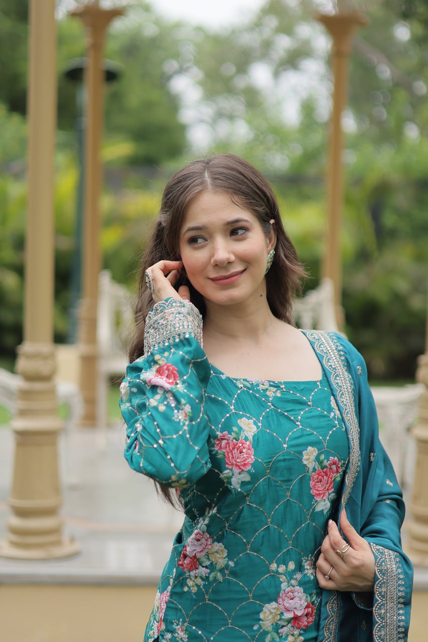 Lovely Chinon Printed Sequins Thread Worked Top Palazzo Suit - Ethnicwish