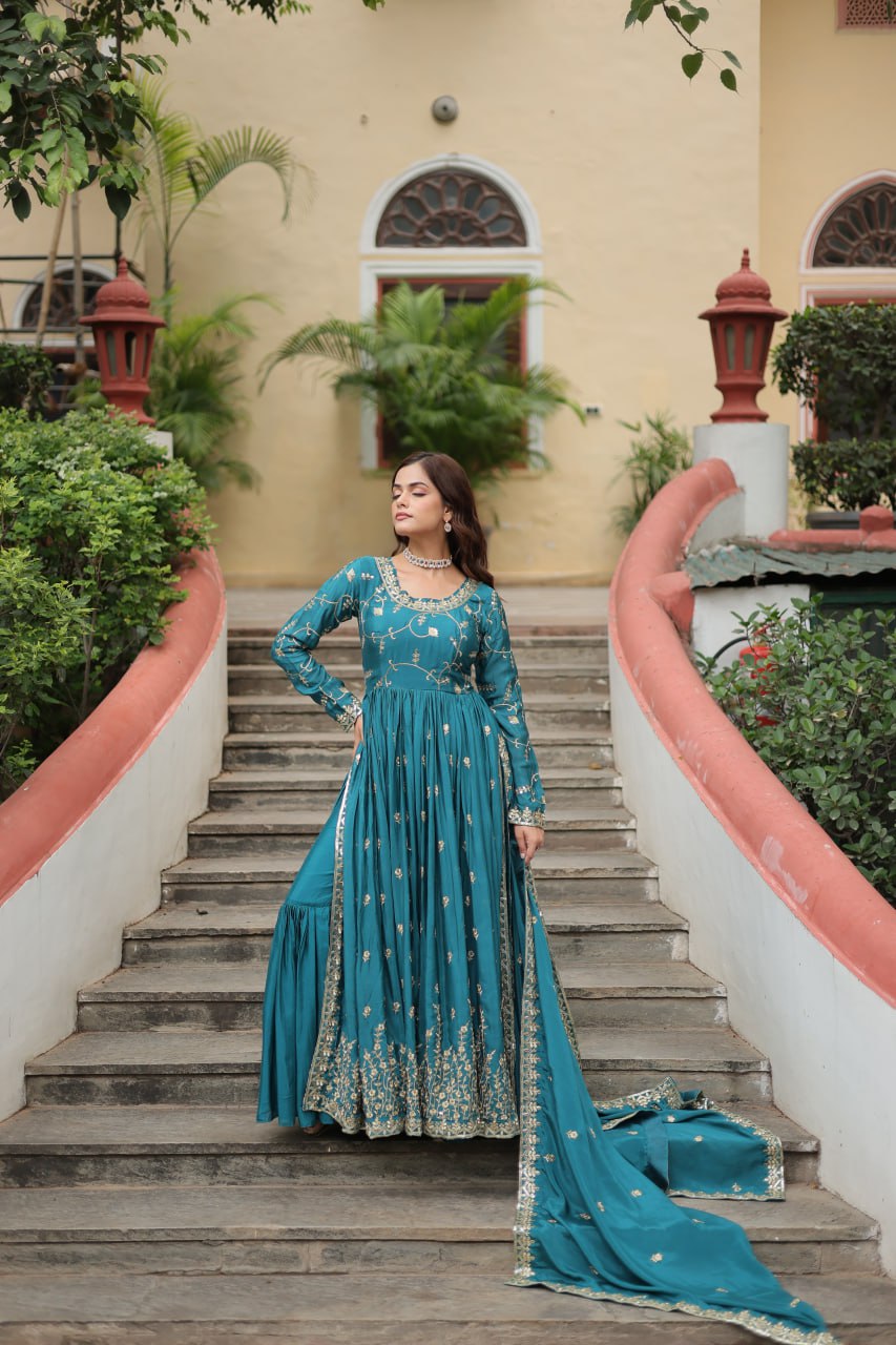 Elegant Chinon Sequins Embroidered Designer Top Sharara Suit - Ethnicwish
