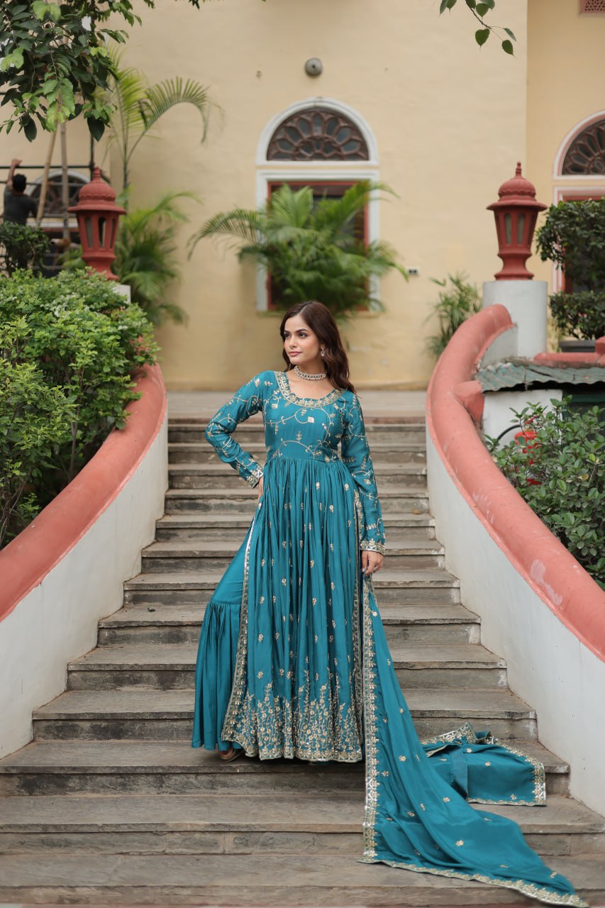 Elegant Chinon Sequins Embroidered Designer Top Sharara Suit - Ethnicwish