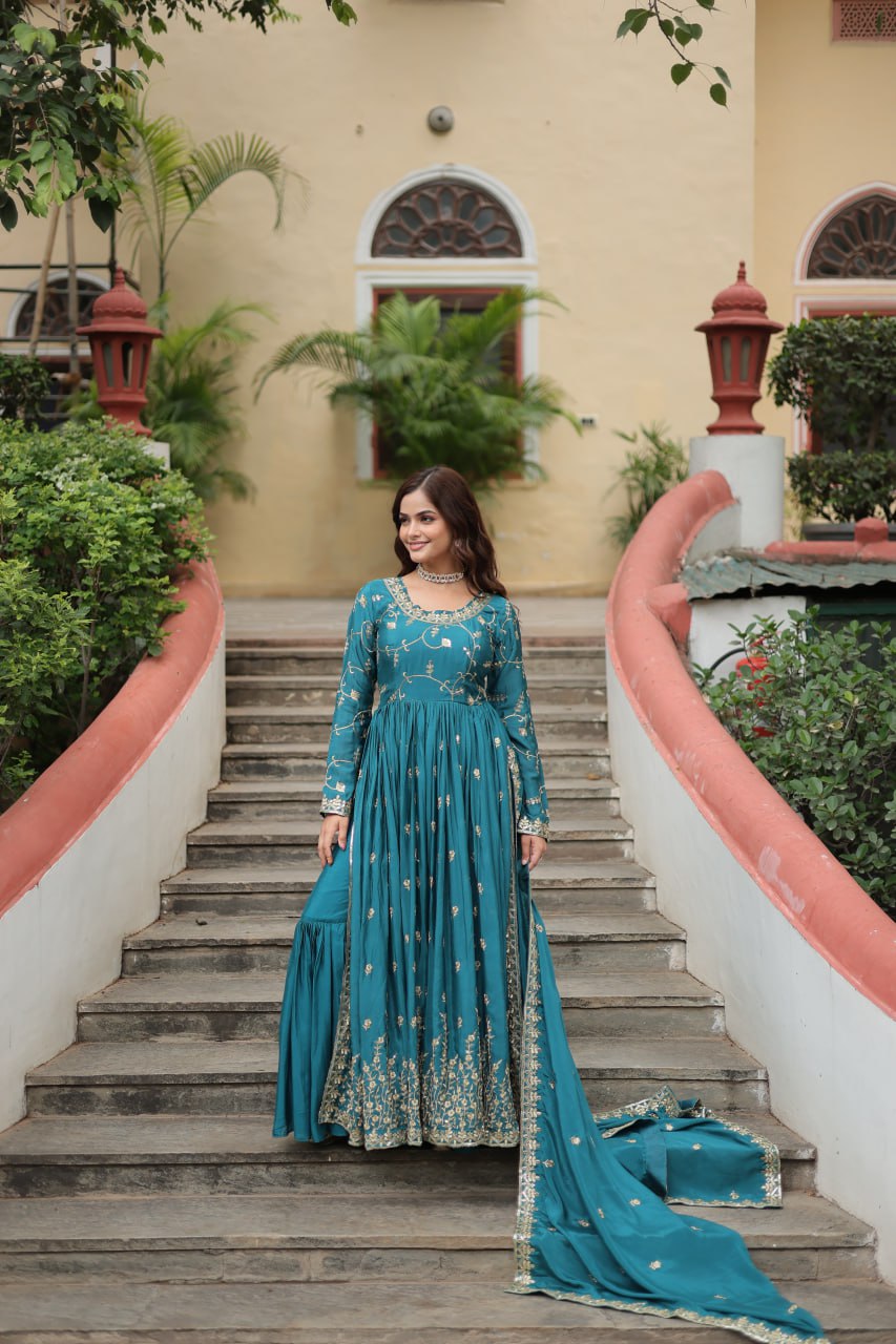 Elegant Chinon Sequins Embroidered Designer Top Sharara Suit - Ethnicwish