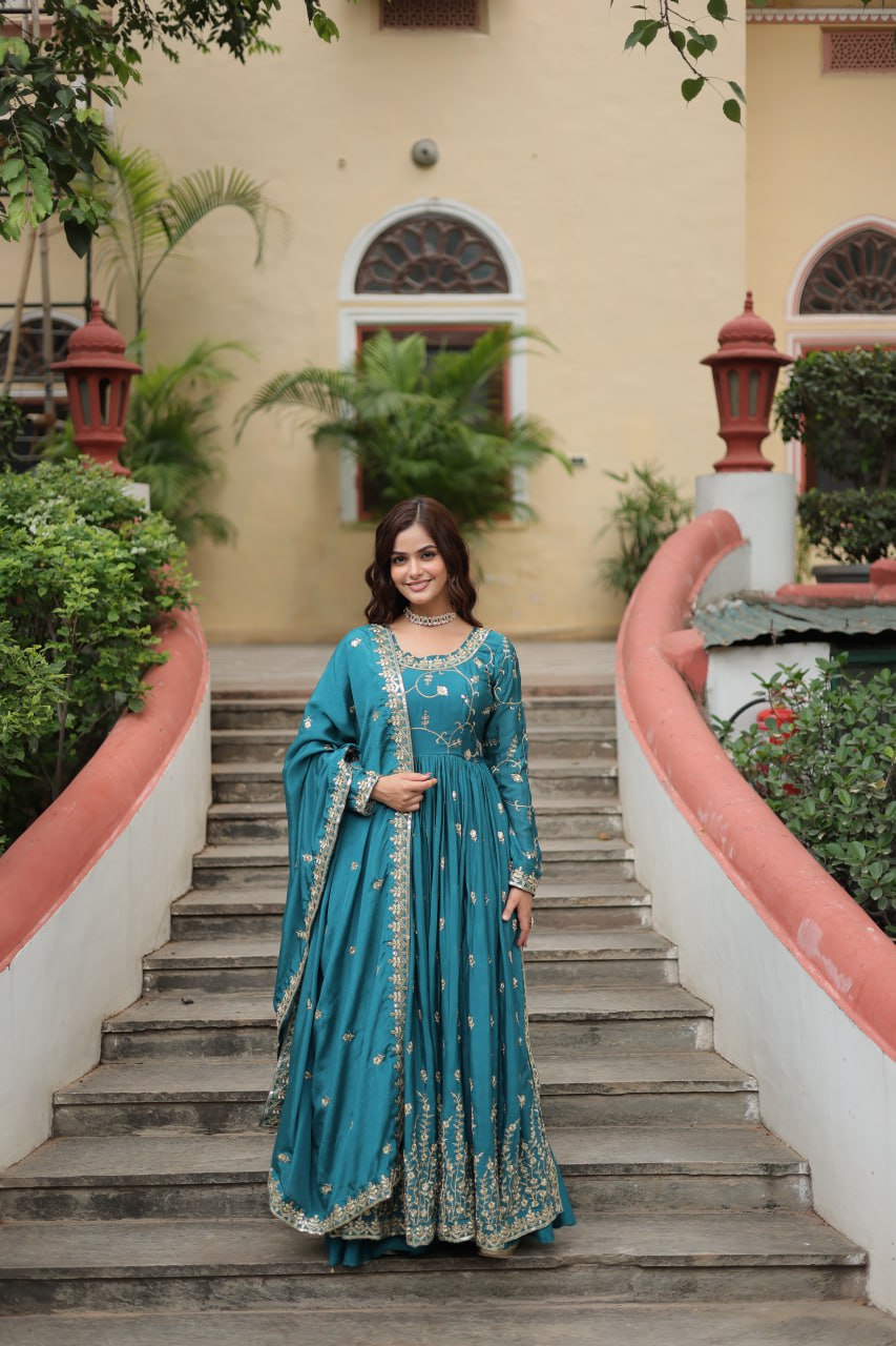 Elegant Chinon Sequins Embroidered Designer Top Sharara Suit - Ethnicwish