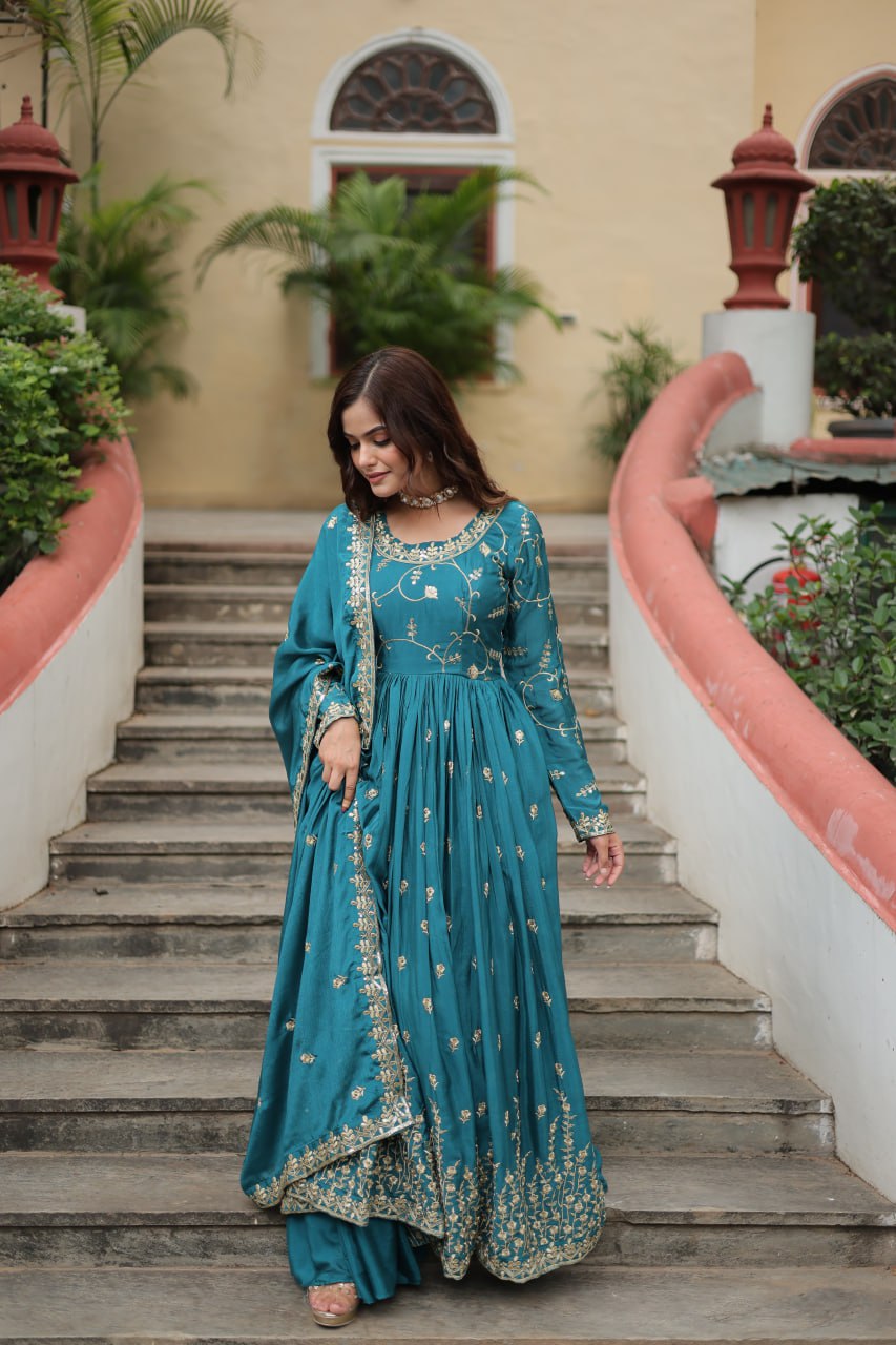 Elegant Chinon Sequins Embroidered Designer Top Sharara Suit - Ethnicwish