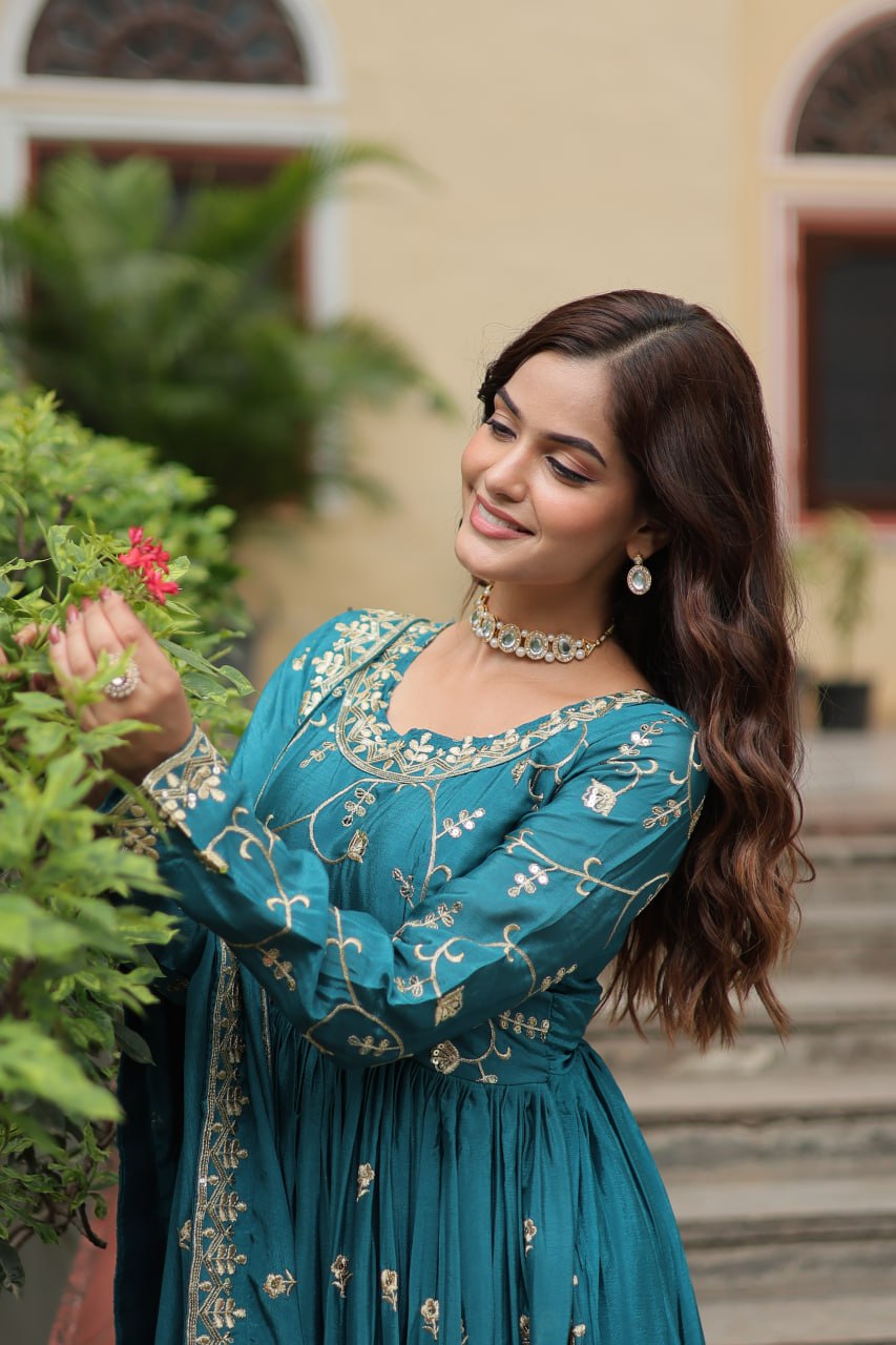 Elegant Chinon Sequins Embroidered Designer Top Sharara Suit - Ethnicwish