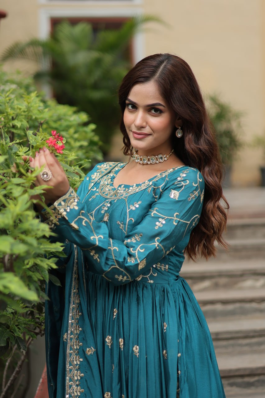 Elegant Chinon Sequins Embroidered Designer Top Sharara Suit - Ethnicwish