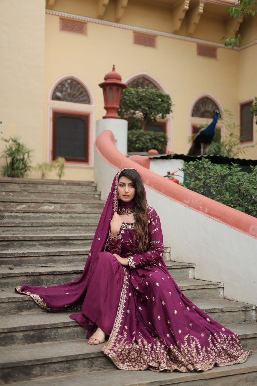 Elegant Chinon Sequins Embroidered Designer Top Sharara Suit - Ethnicwish