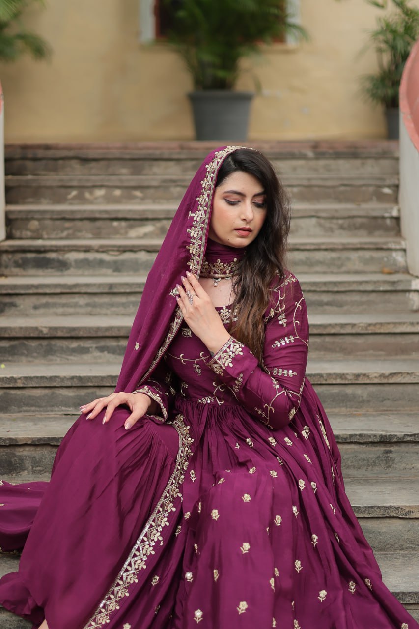 Elegant Chinon Sequins Embroidered Designer Top Sharara Suit - Ethnicwish