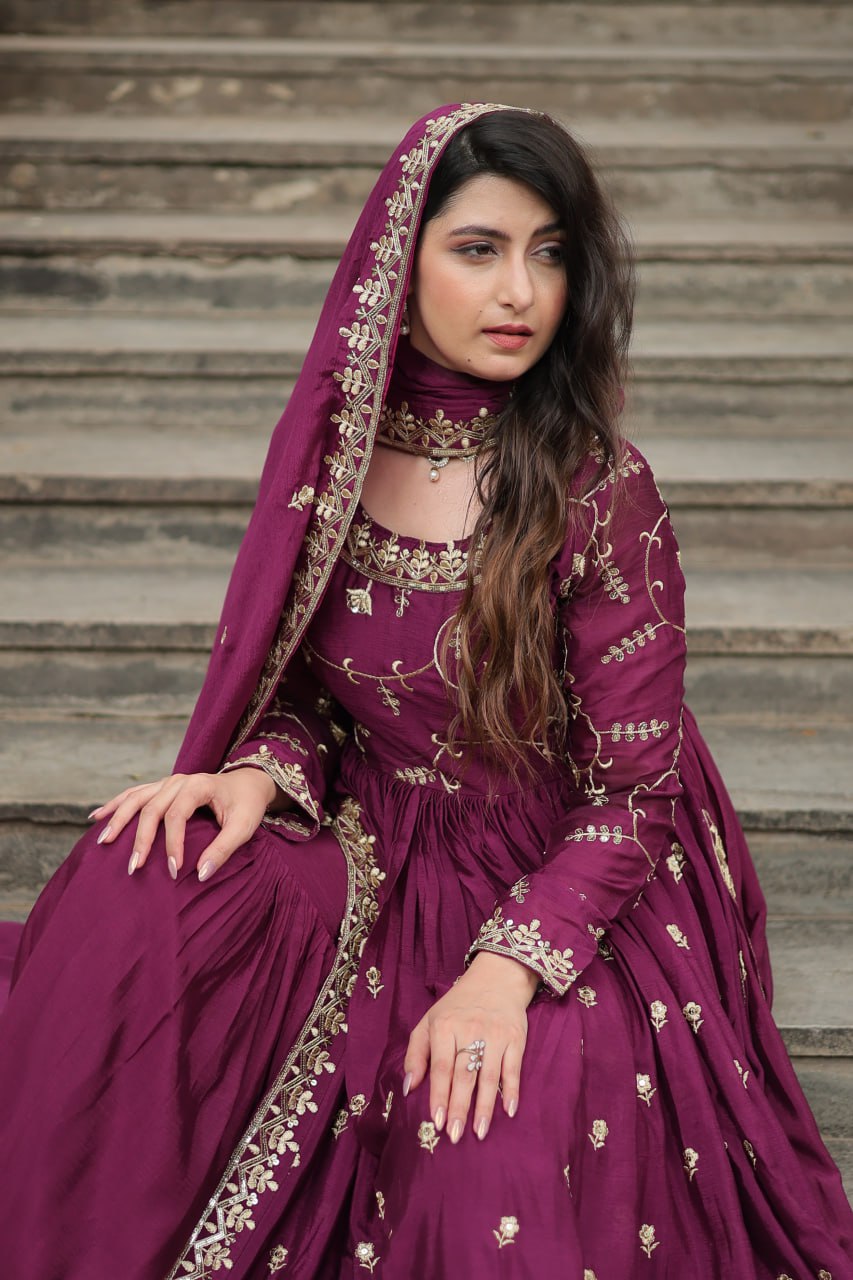 Elegant Chinon Sequins Embroidered Designer Top Sharara Suit - Ethnicwish