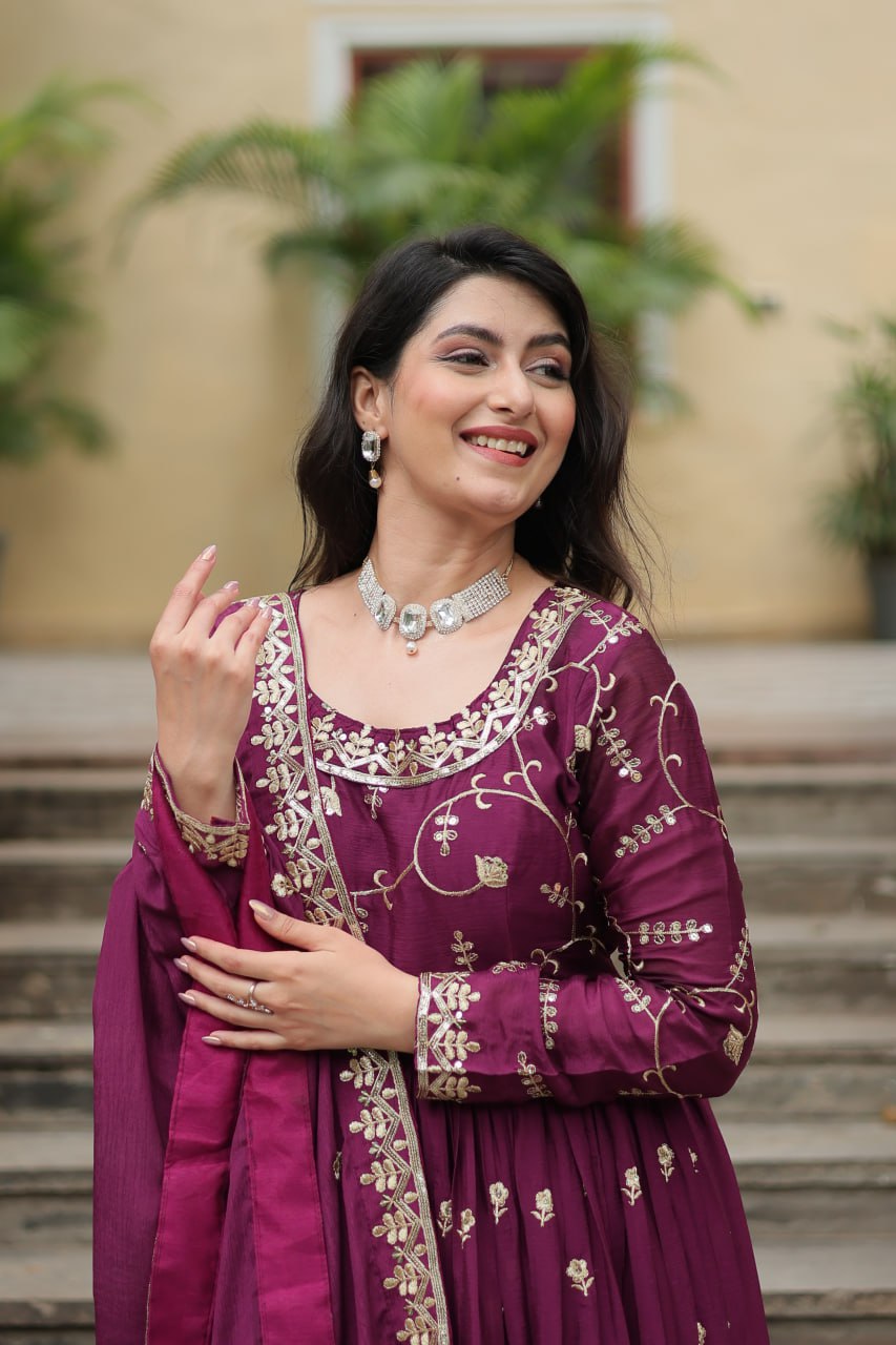 Elegant Chinon Sequins Embroidered Designer Top Sharara Suit - Ethnicwish