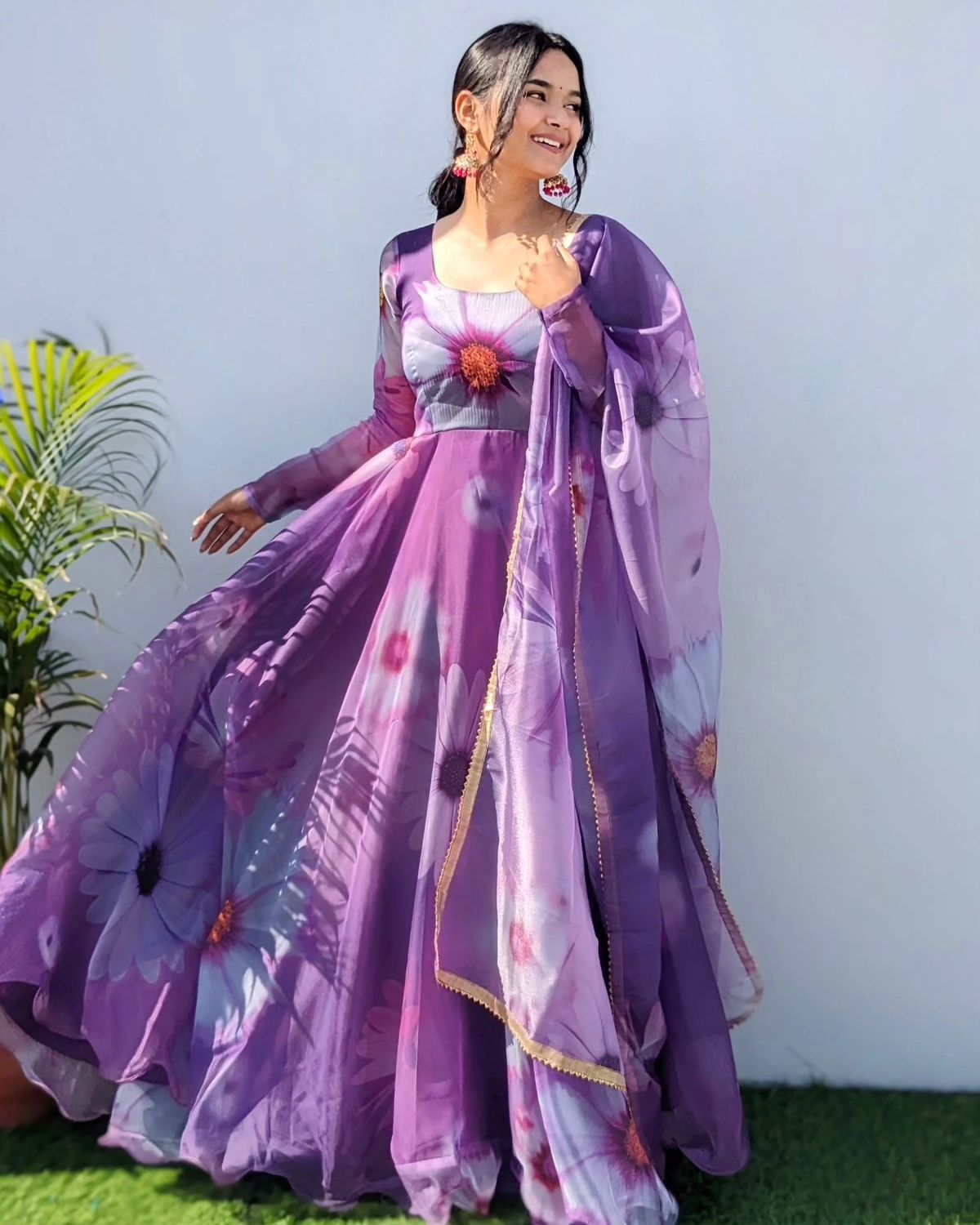 Delightful Purple Organza Silk Floral Printed Stitched Gown With Dupatta - Ethnicwish