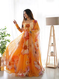 Elegant Orange Organza Silk Floral Printed Stitched Gown With Dupatta - Ethnicwish