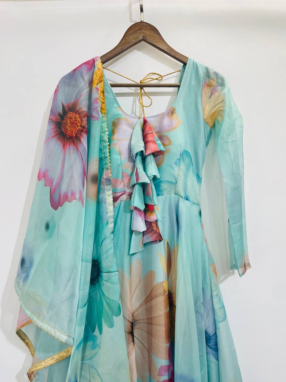 Radiant Sky Blue Organza Silk Floral Printed Stitched Gown With Dupatta - Ethnicwish