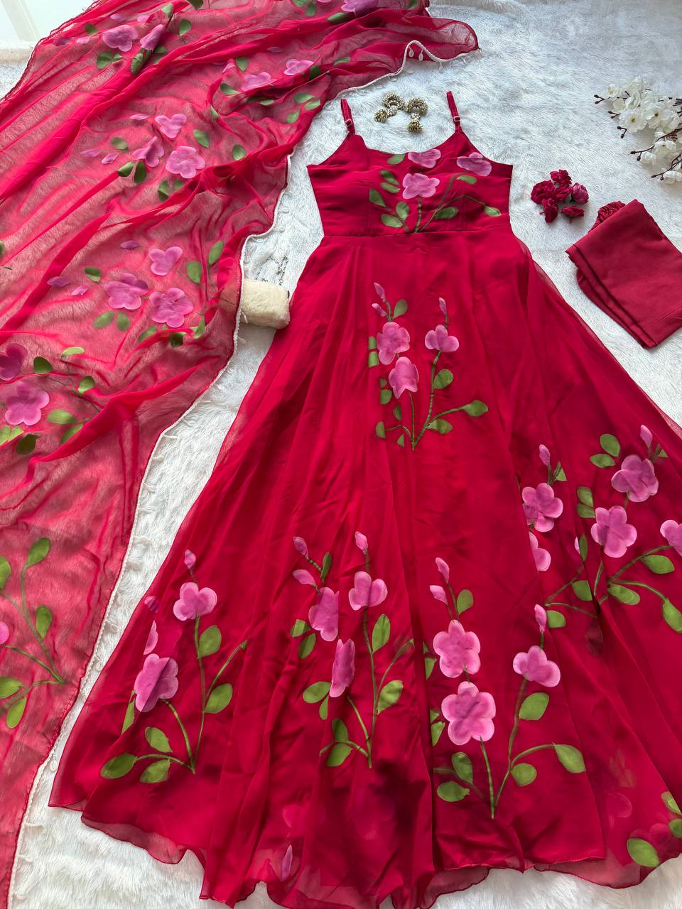 Georgette handprinted Anarkali suit with huge flair  / Ruby Blossom Floral georgette Anarkali Set with Dupatta