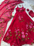 Georgette handprinted Anarkali suit with huge flair  / Ruby Blossom Floral georgette Anarkali Set with Dupatta