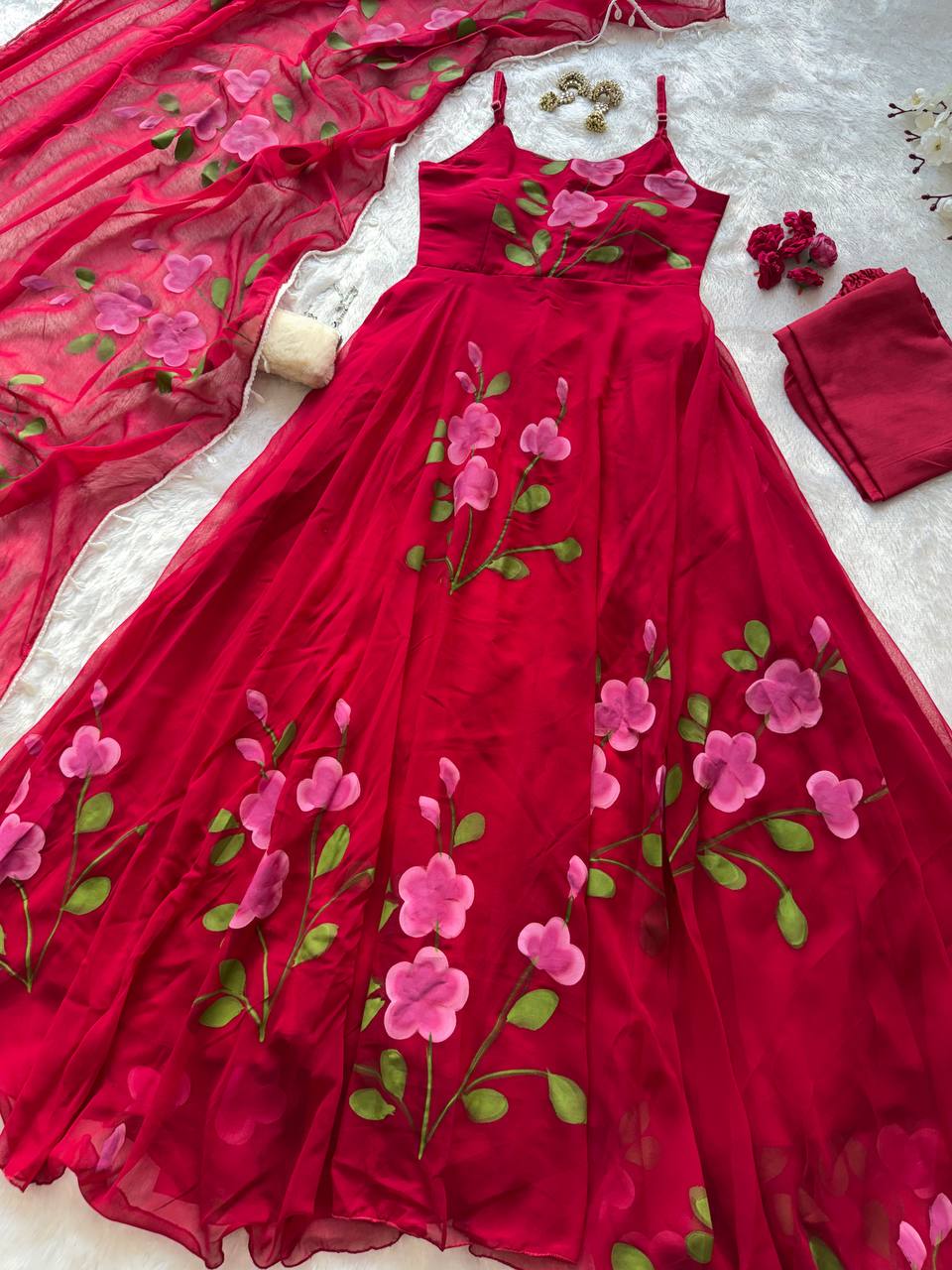 Georgette handprinted Anarkali suit with huge flair  / Ruby Blossom Floral georgette Anarkali Set with Dupatta