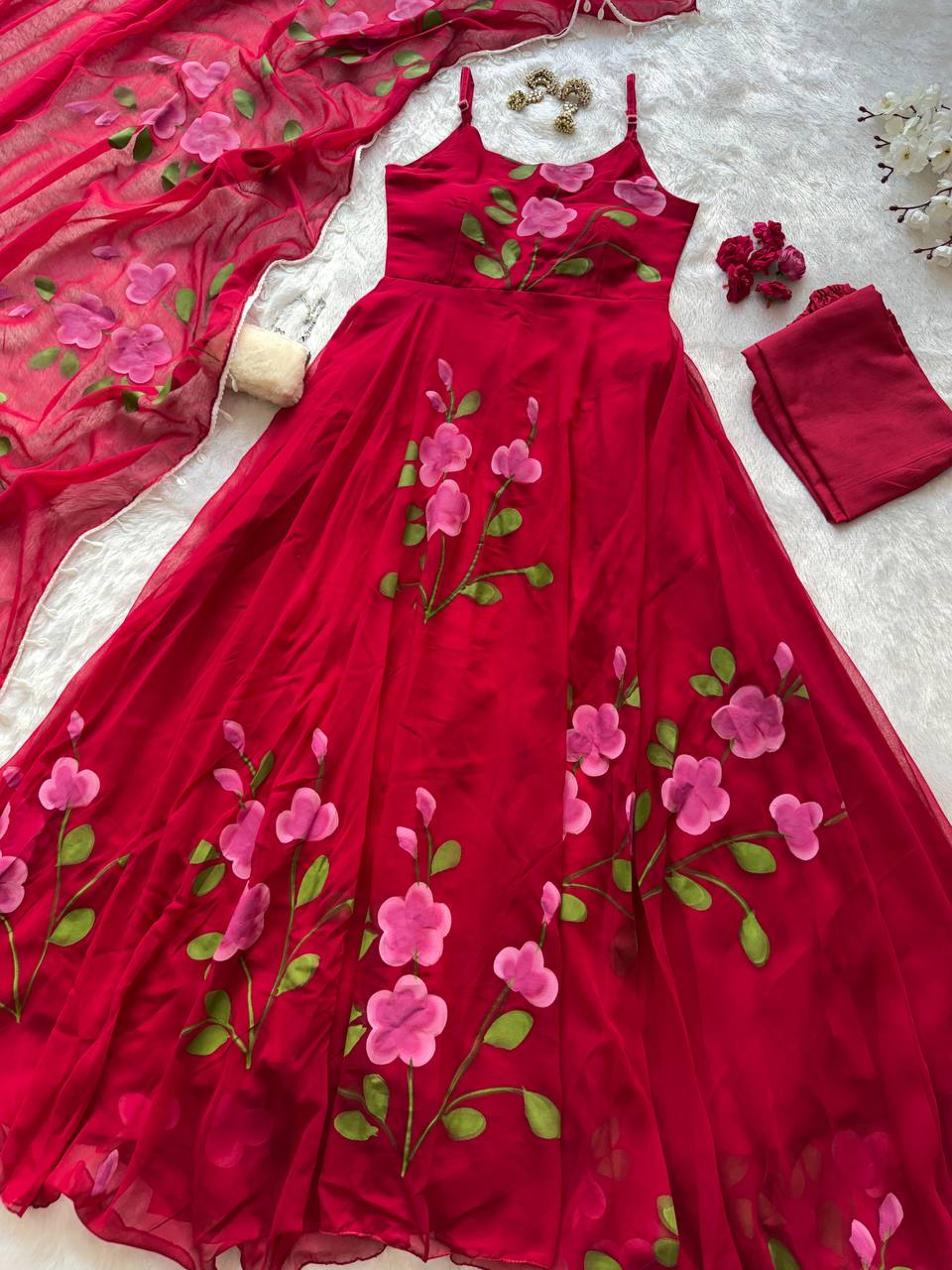 Georgette handprinted Anarkali suit with huge flair  / Ruby Blossom Floral georgette Anarkali Set with Dupatta