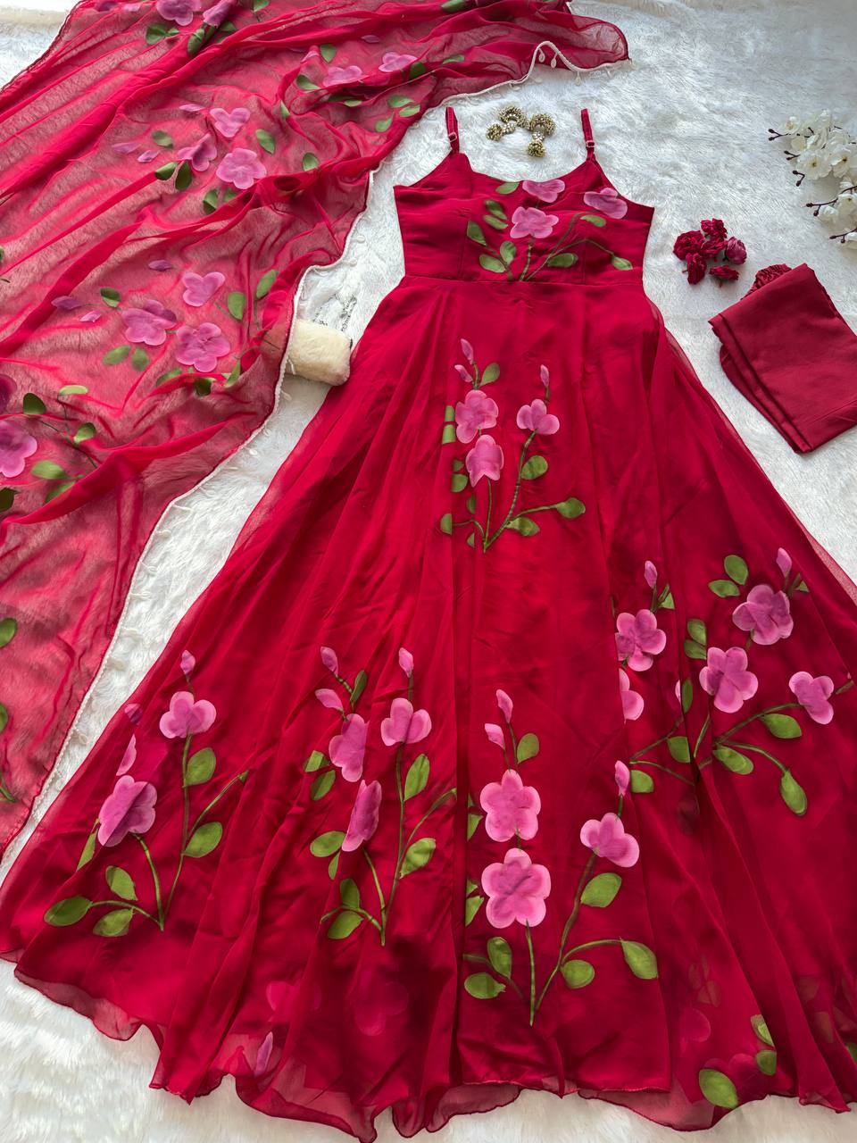 Georgette handprinted Anarkali suit with huge flair  / Ruby Blossom Floral georgette Anarkali Set with Dupatta