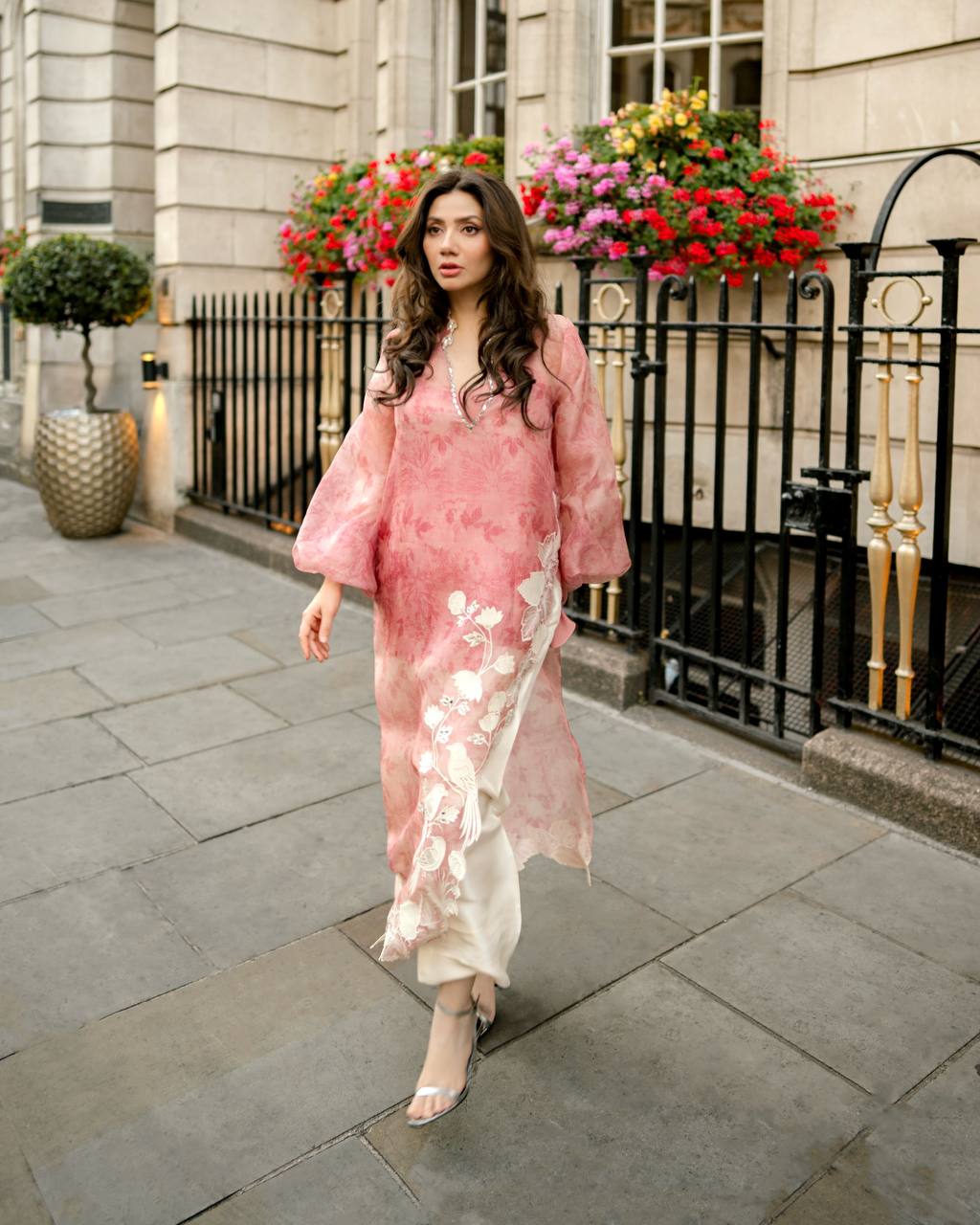 Designer Pink Organza Shrug Set for Women with Real Mirror Work | Digital Print | Balloon Sleeves | Party Wear Co-Ord Set