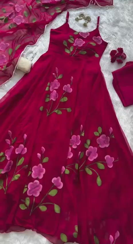 Georgette handprinted Anarkali suit with huge flair  / Ruby Blossom Floral georgette Anarkali Set with Dupatta