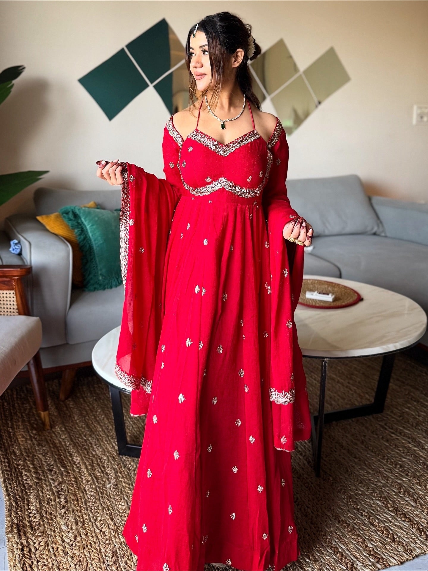 Red Chilli Slit Anarkali Premium Suit Set For Festive & Party Wear