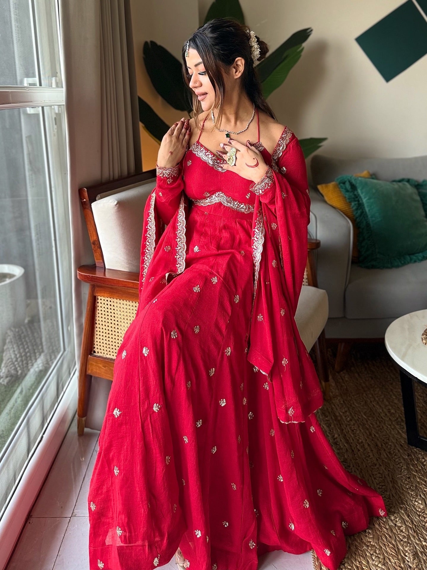 Red Chilli Slit Anarkali Premium Suit Set For Festive & Party Wear