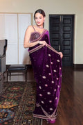 Premium Purple Gorgeous Velvet Saree with Sequin, Dori & Thread Work – Unstitched Blouse & Belt
