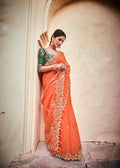 Orange Organza Saree with Real Mirror & Zari Work - ETHNICDEAL