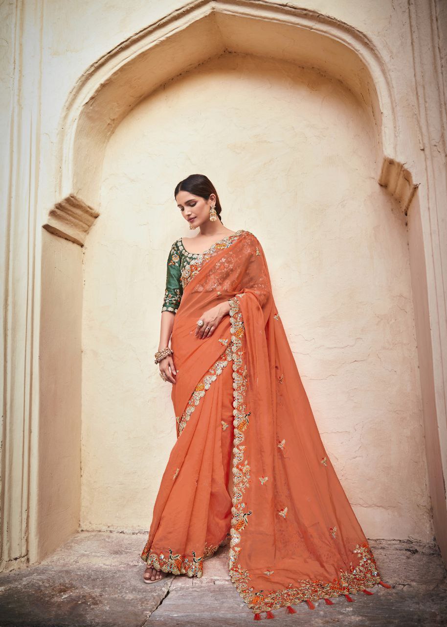 Orange Organza Saree with Real Mirror & Zari Work - ETHNICDEAL