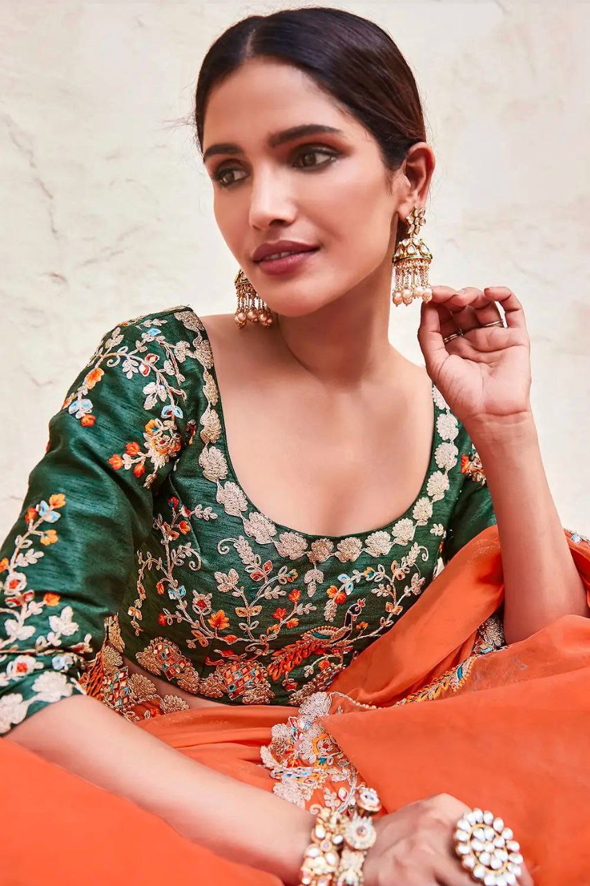 Orange Organza Saree with Real Mirror & Zari Work - ETHNICDEAL